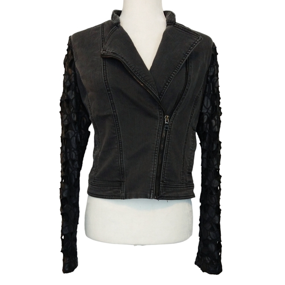 Sam Edelman Black Denim Moto Jacket Contrast Cutout Faux Leather Sleeves Unique